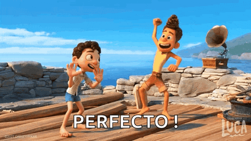 two cartoon boys are dancing on a wooden deck with the word perfecto written on the bottom .