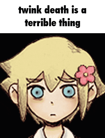 a cartoon of a boy with a flower in his hair says twink death is a terrible thing .