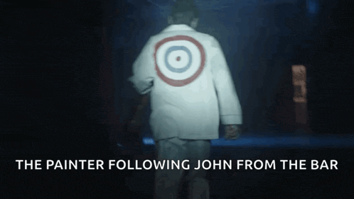a man in a white jacket with a target on it