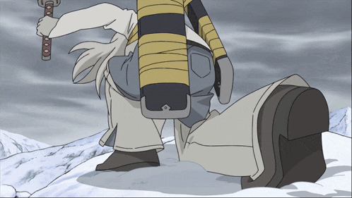 a cartoon character is kneeling in the snow holding a hammer
