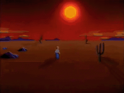 a cartoon of homer simpson standing in the desert at sunset