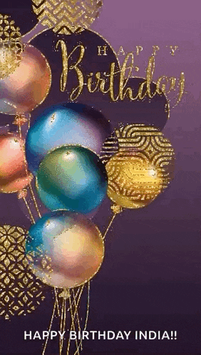 a bunch of colorful balloons on a purple background with the words `` happy birthday india '' .