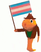 a cartoon character is holding a transgender flag in his hand .