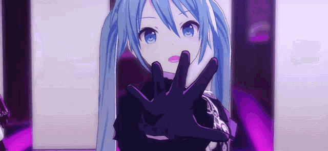 a girl with blue hair and blue eyes is making a hand gesture .