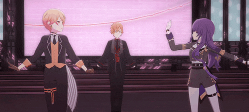 a group of anime characters are standing in front of a pink wall