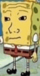 spongebob squarepants with a sad face on his face is standing on a sidewalk .