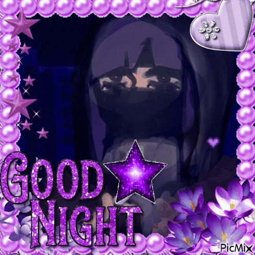 a picture of a woman with a hood and a purple star says good night