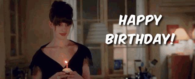 a woman in a black dress is holding a cupcake with a lit candle and the words happy birthday behind her
