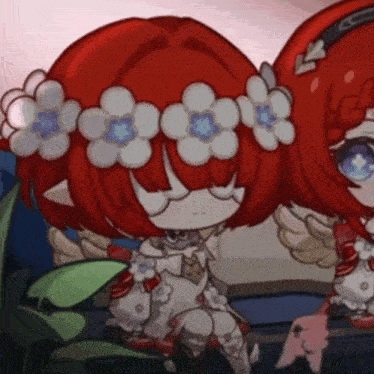 a cartoon character with red hair and white flowers on her head