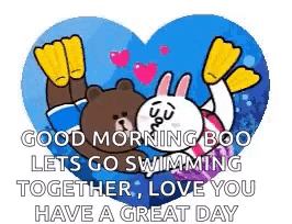 a brown bear and a white rabbit are swimming in a heart shaped pool .
