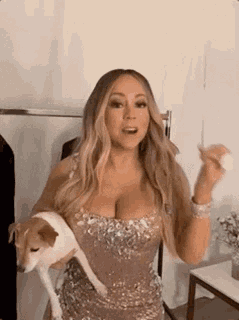 mariah carey is holding a small dog in her arms while wearing a dress .