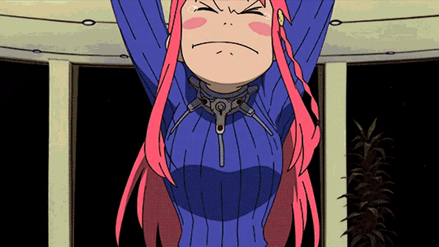 a girl with pink hair is wearing a blue sweater and a choker around her neck