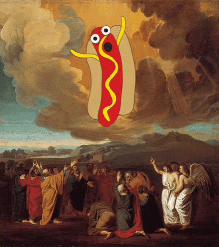 a painting of a hot dog with a yellow swirl on it
