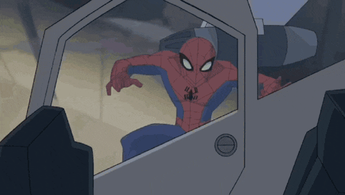 a cartoon of spider-man standing in front of a door