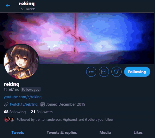 a screenshot of a person 's twitter page with 153 tweets