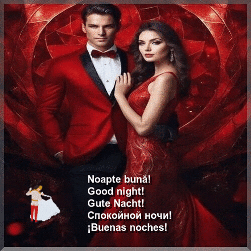 a man in a red suit and bow tie stands next to a woman in a red dress ..