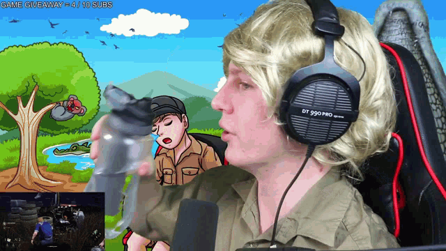a man wearing a pair of dt 990 pro headphones sits in front of a cartoon scene