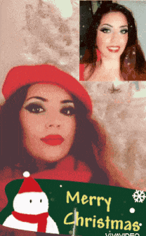 a woman in a red hat and scarf is on a merry christmas card