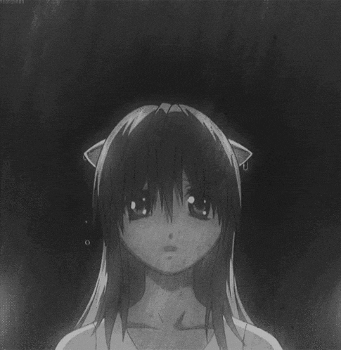 a black and white drawing of a girl with ears on her head