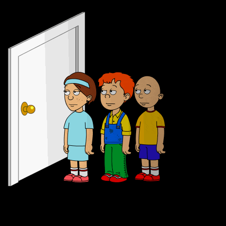 a cartoon of a girl knocking on a door with two boys standing behind her