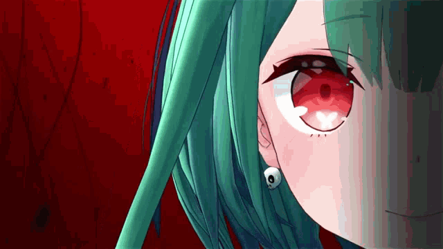 a close up of a anime girl 's face with red eyes and green hair .