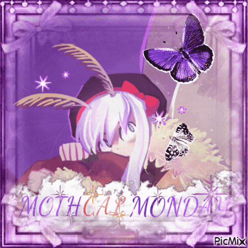 a picture of a girl with a butterfly and the words moth car monday on it