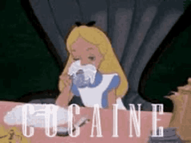 alice from alice in wonderland is sitting at a table drinking from a teapot and smoking a cigarette .