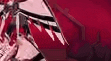 a close up of a person 's face with a red background and a lot of sharp teeth .