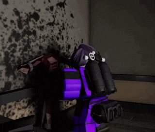 a person in a purple armor is holding a gun in a dark room .
