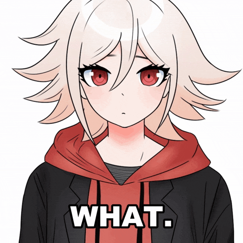 a girl with white hair and red eyes is wearing a black jacket and a red hoodie with the words what written on it