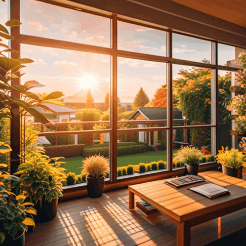 a living room filled with potted plants and a table
