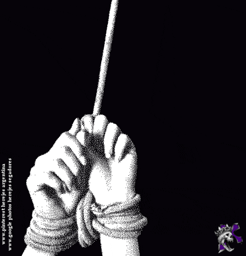 a black and white drawing of a person 's hands tied to a stick