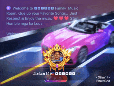 a purple car is driving down a highway with the words welcome to kalods family music room at the top
