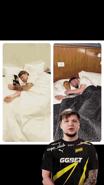 a man in a ggbet shirt is sleeping in a bed