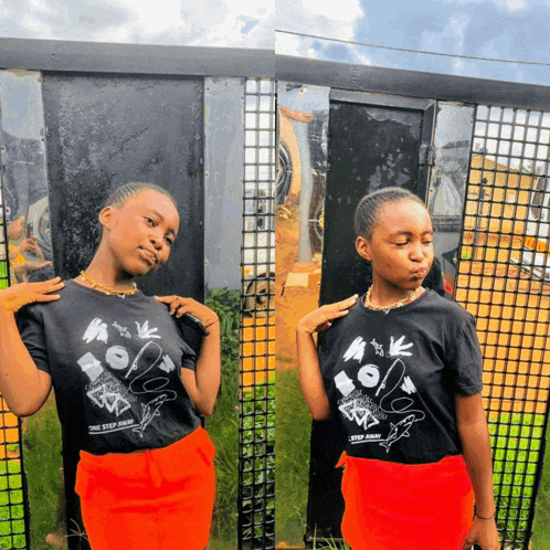 a girl wearing a black t-shirt that says the step jump