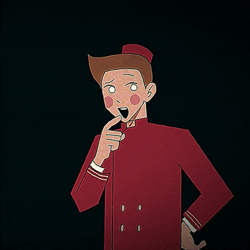 a cartoon of a man in a red jacket pointing at something