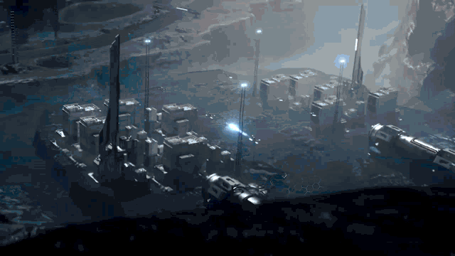 a computer generated image of a futuristic city with a few buildings and a few lights