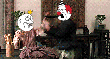 a cartoon of a clown with a crown on his head is fighting another clown