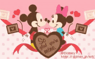 mickey mouse and minnie mouse are kissing in front of a heart that says so glad you 're mine