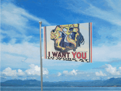 a flag that says " i want you to work at " on it