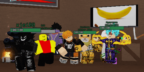 a group of roblox characters are standing in front of a banana