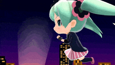 a cartoon girl with green hair and a pink flower in her hair