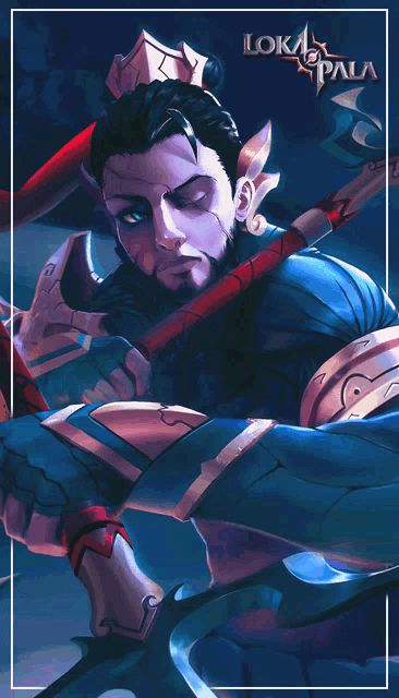 a painting of a man holding a spear with the word loka on the bottom