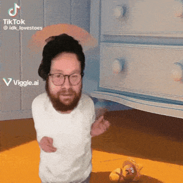 a man with glasses and a beard is dancing in front of a dresser and a stuffed animal with googly eyes