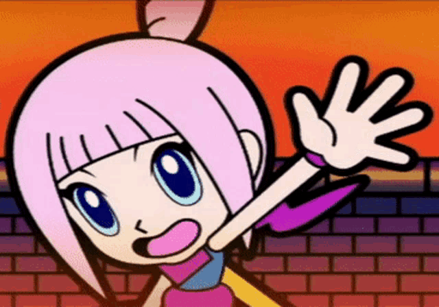 a cartoon girl with pink hair and blue eyes waving her hand