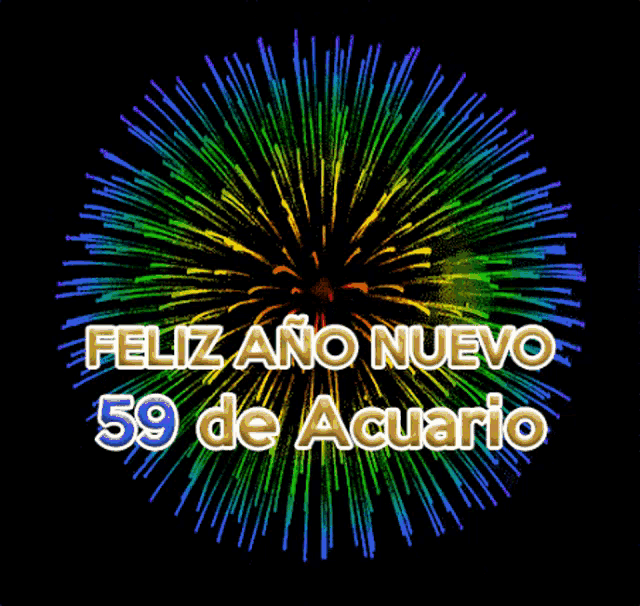a colorful firework display with the words feliz ano nuevo 59 de acuario below it