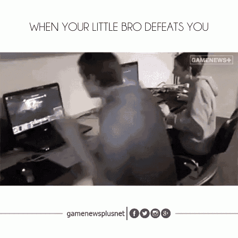 a man is playing a video game while another man sits behind him with the caption when your little bro defeats you