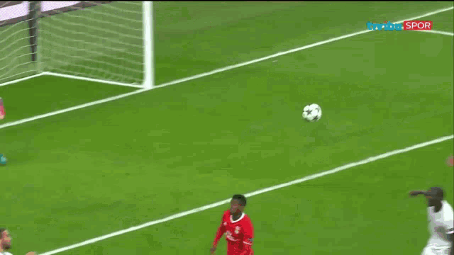 a soccer goalie dives to catch a ball in front of a nissan sign