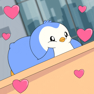 a cartoon penguin is surrounded by pink hearts and looking out a window