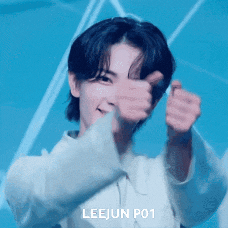 a close up of a person giving a thumbs up with the name leejun po1 written on the bottom